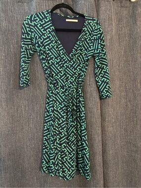 41 Hawthorn Navy and Teal Wrap Dress - Geometric Print